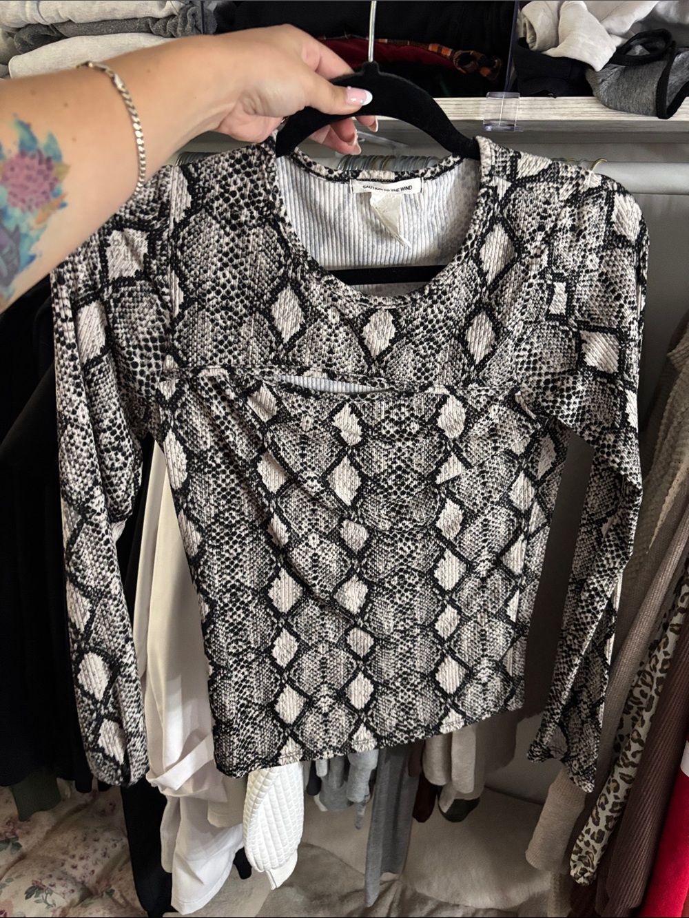 Caution To The Wind Black & White Snake-Print Long Sleeve Top